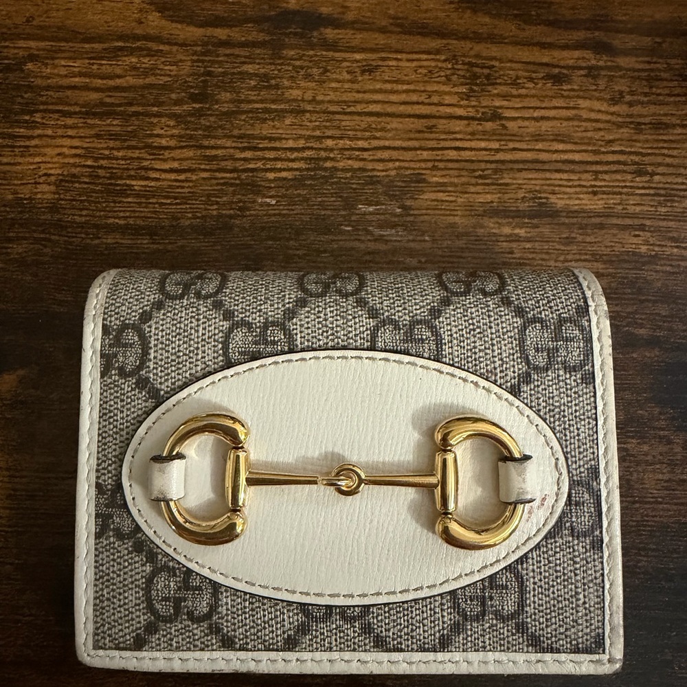 Gucci Beige GG Canvas Wallet with White Trim and Gold Horsebit